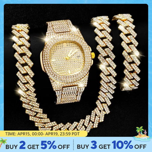 Exquisite Necklace+Watch+Bracelet Hip Hop Rapper Cuban Chain Gold Color Iced Out Paved Rhinestone Men African Jewelry Set New